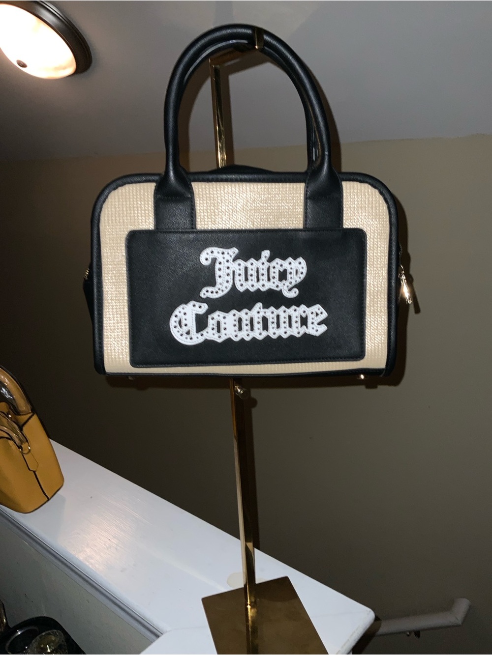 Juicy Couture Black and Cream Logo Satchel with Top Handles
